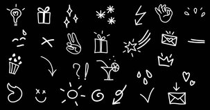 Animated Doodle Icon Set: Сrown, Arrow, Fire, Smile, Sun, Stars, Giftbox. Cute line Sticker in Sketch Style, Isolated on Black. Hand-Drawn Loop 4K Video on Transparent Background, Alpha Channel.