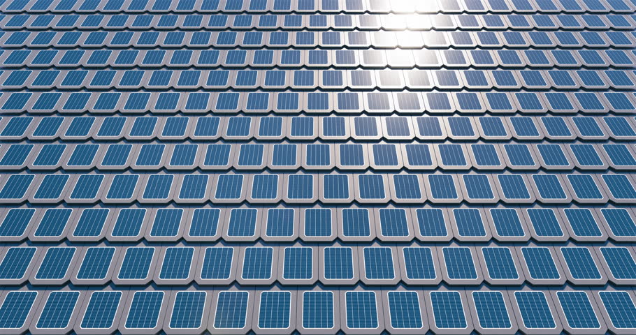 3d rendering of solar or photovoltaic shingles in perspective on roof of home or house building. System technology to generate electrical power or direct current electricity by light or sunlight. | Shutterstock HD Video #1109551083