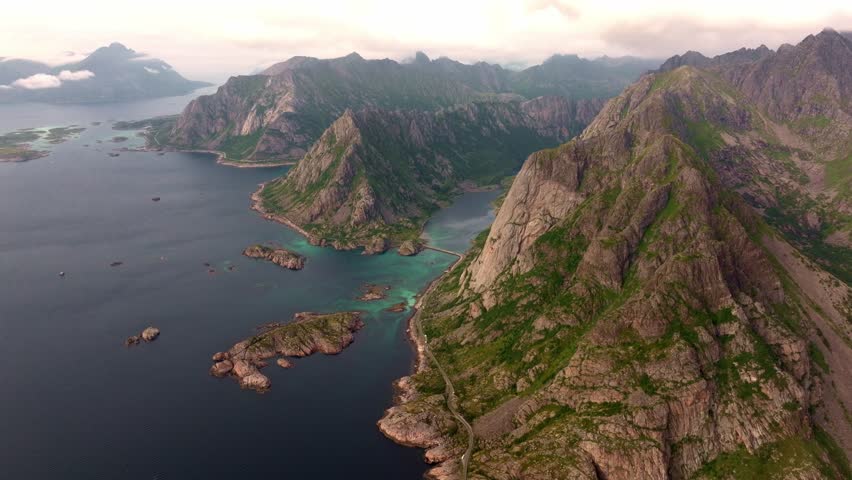 Captivating Sunset: Aerial Vista of Northern Norway's Dramatic Mountains and Fjord