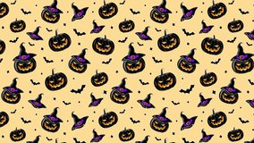 4k animated pattern of halloween pumpkins with witch hats silhouette bats and stars vertical texture background animated wallpaper on yellow color background Scary Trick or Treat motion graphic design