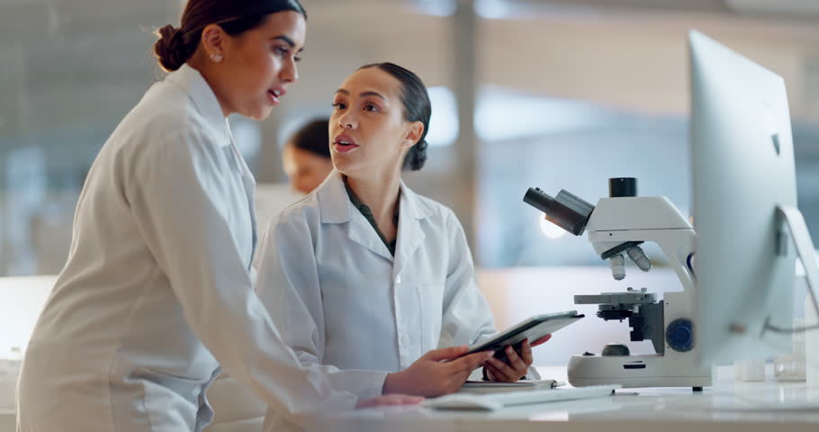 Teamwork, scientist or doctors high five for success, medicine breakthrough or partnership in lab. Science, collaboration or happy women celebrate medical support, goal target or DNA news with smile Royalty-Free Stock Footage #1109560239