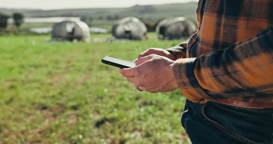Farmer hands, person or phone in agriculture growth planning, harvest or sustainability research in field. Mobile technology, closeup or agro farm worker on communication app for ecology negotiation Royalty-Free Stock Footage #1109560875