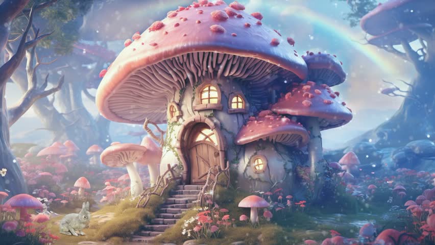 Magical fantasy mushroom house on rainbow background looping video	