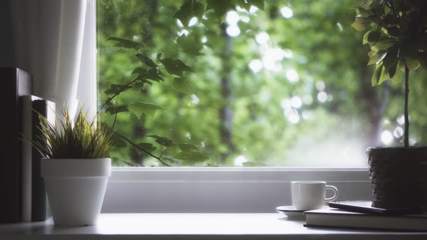 Trees and forests visible outside the window, sunlight shining brightly through the swaying leaves and a fresh morning, healing repetitive videos and ASMR where nature provides comfortable relaxation. Royalty-Free Stock Footage #1109565677