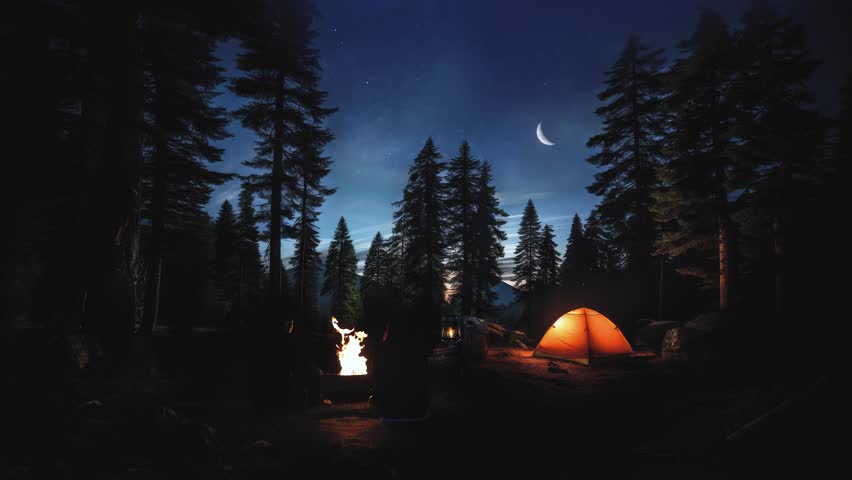 A dark and silent night, a lamp on a tree and a brightly shining lantern in a tent and a blazing bonfire flame and comfortable nature, camping in the forest and wood fire and campfire at the campsite
 Royalty-Free Stock Footage #1109565683