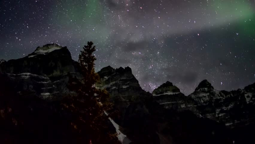 Time Lapse of Aurora Borealis at Moraine Lake, Northern Lights, Stars and Milky Way Banff National Park, Alberta, Canadian Rockies