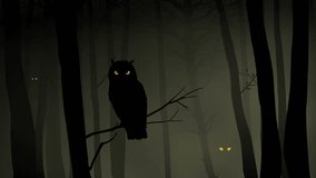 Motion graphics of silhouette of an owl in the misty woods