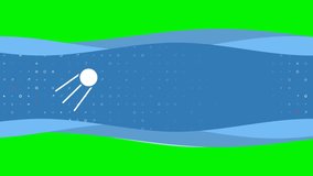 Animation of blue banner waves movement with white satellite symbol on the left. On the background there are small white shapes. Seamless looped 4k animation on chroma key background