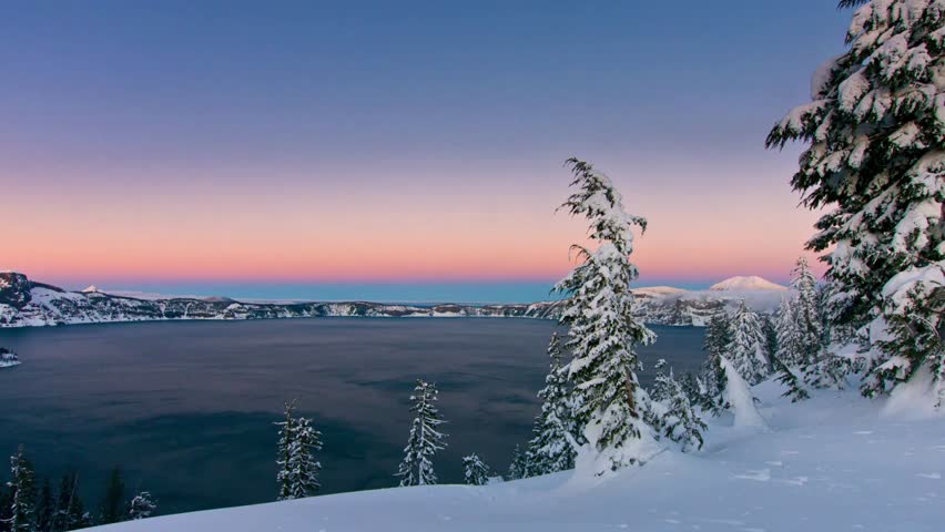 Majestic 4K Video of Crater Lake National Park in a Snowstorm at Sunset Royalty-Free Stock Footage #1109574799