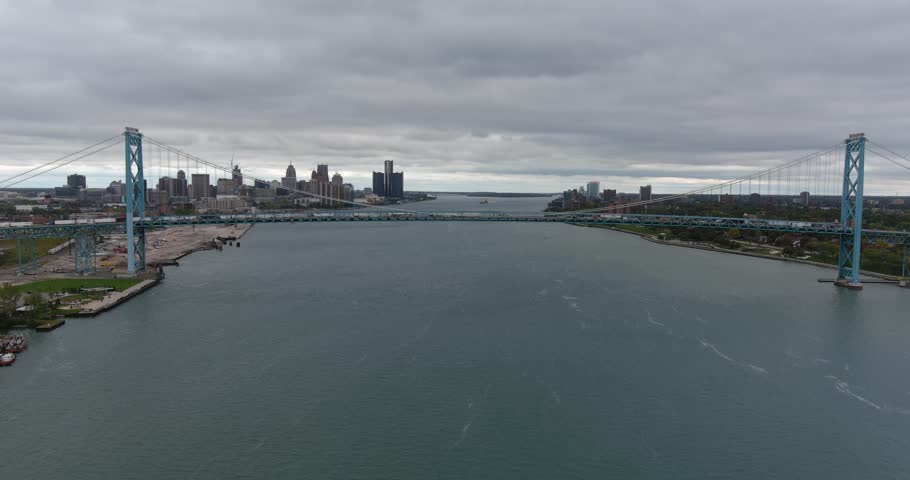 Drone view of the Detroit River in Detroit, Michigan