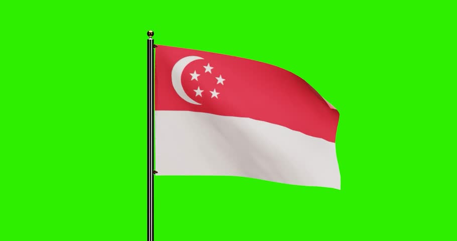 3D Rendered Singapore National Flag Waving Animation with Realistic Wind Motion, National flag of Singapore with seamless loop animation, 4k Resolution with Green Screen Background