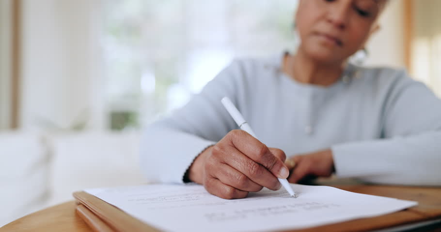Woman, writing and documents for life insurance, policy or application in legal agreement at home. Closeup of female person filling form, survey or paperwork in deal or questionnaire on desk at house Royalty-Free Stock Footage #1109579315