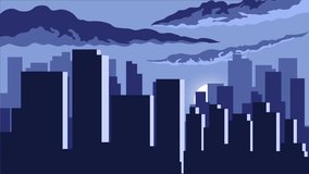 An animated motion video of the city at night with light turquoise and dark blue tones looks beautiful