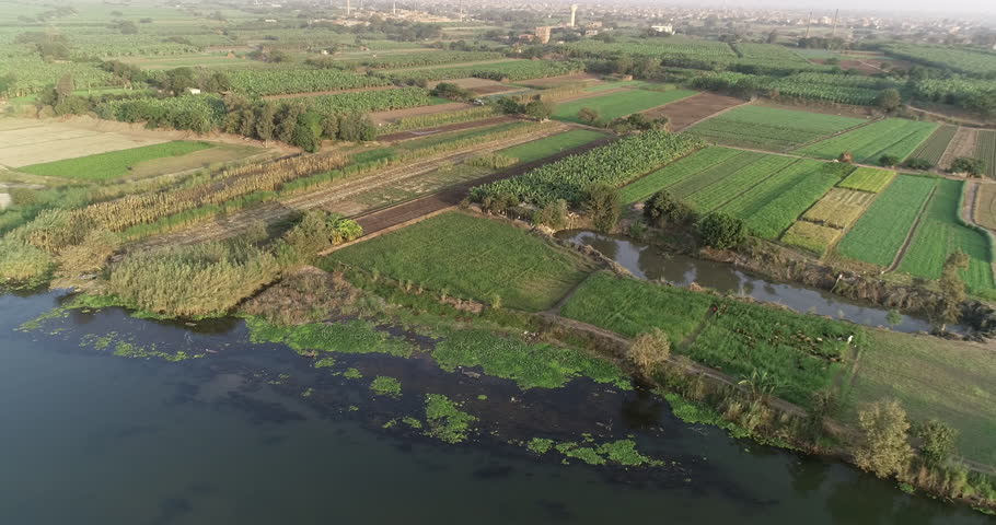 Aerial shot for The River Nile of Egypt in Cairo surrounded by the green lands of the Nile Valley beside Giza