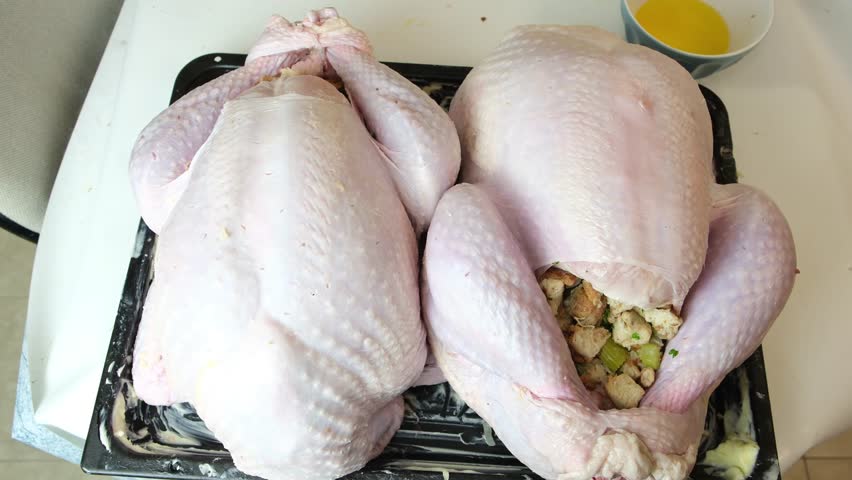 Putting melted butter on 2 stuffed whole turkeys before roasting. Preparing turkeys for Thanksgiving or Christmas dinner