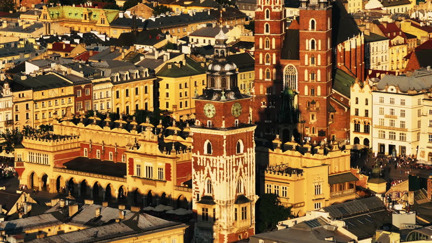 Main Market square or Rynek Glowny with a Town Hall, Sukiennice and St. Mary