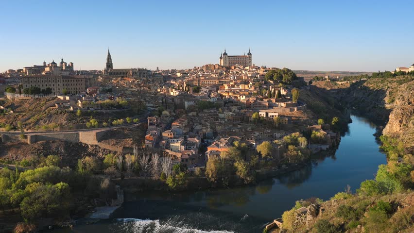 Toledo Skyline with Cathedral, Alcazar and Tagus River - Toledo, Spain