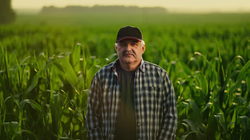 Portrait Of Old Farmer In Cornfield In Summer Sunset Time, Aged Man Looking At Camera And Smiling Royalty-Free Stock Footage #1109584559