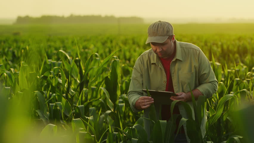 Professional Agronomist Viewing Leaves Of Young Corn Plants In Field, Making Notes In Tablet Royalty-Free Stock Footage #1109584597