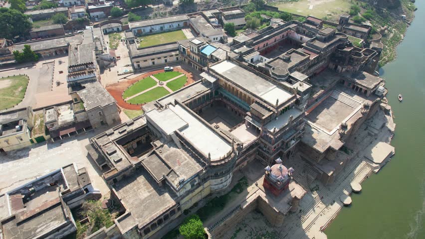 Ramnagar Fort in Varanasi, India ghats on Ganges River Drone 4K