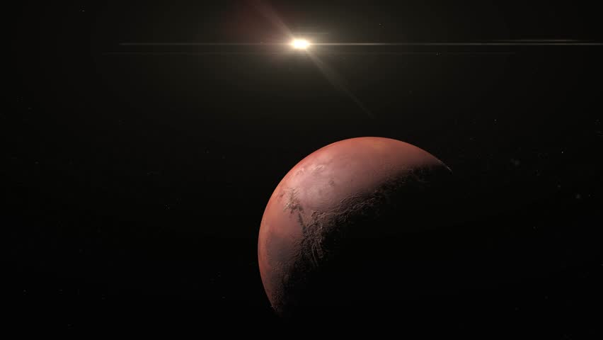 Enchanting view of Mars and sun in the outer space. Close-up of the Mars rotates on its axis.
