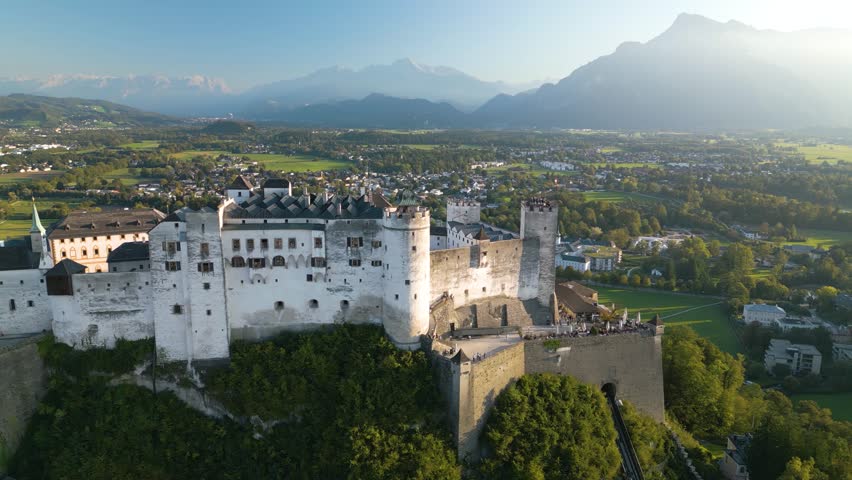 Aerial Pullback Reveals Salzburg Castle (Hohensalzburg Fortress)