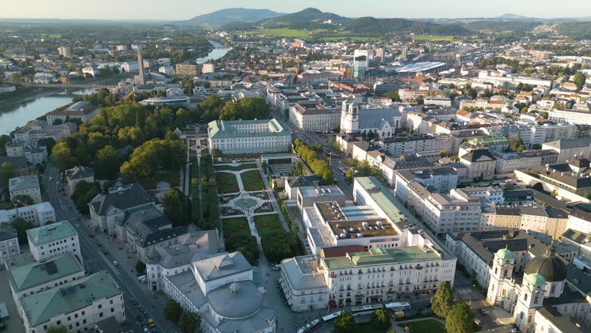 Beautiful Aerial View Above Mirabell Gardens in Salzburg, Austria at Historic Mirabell Palace