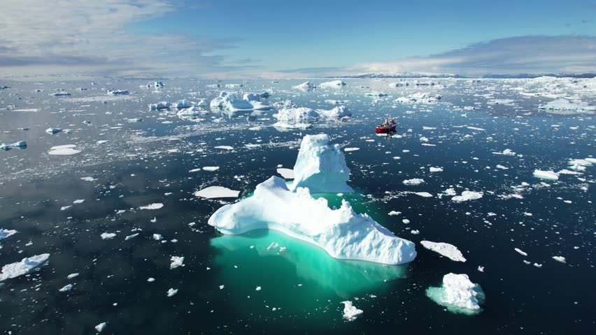 Vessel sail in between iceberg near Greenland coast, aerial view