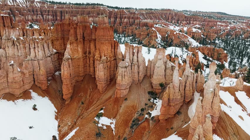 Picturesque Rock Formations During Winter At Bryce Amphitheater In Bryce Canyon National Park, Utah USA. Aerial Shot