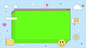 Retro window mockup with chroma key. Graphic user interface template with tabs and folders in vintage style. Moving groovy banner with emoji, rainbow. Flat graphic animated cartoon with copy space - Powered by Shutterstock - Get 15% off with code: PIKWIZARD15