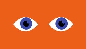 Loop animation with two blinking eyes. Colorful seamless video with two surprised eyes with irises and pupils moving in different directions. Funny clip with staring eyes. Flat cartoon motion graphics