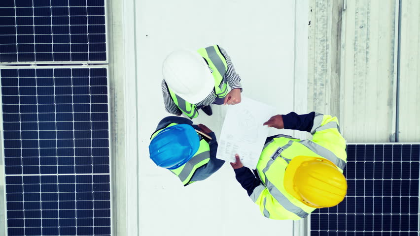Overhead, solar and construction worker team on the roof of a building to install panel technology. Engineer, electricity and renewable energy or power with people working on a sustainability project Royalty-Free Stock Footage #1109596739