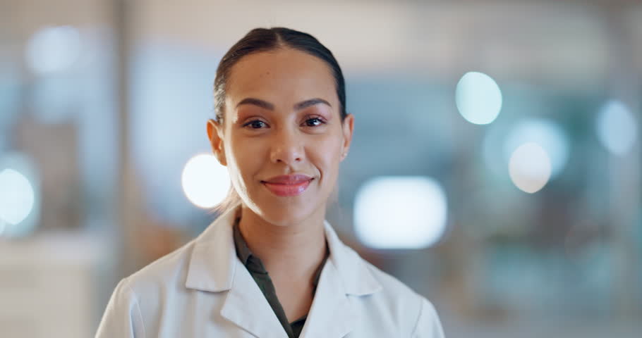 Laboratory woman, face and scientist happy for hospital pride, medicine innovation or scientific study. Professional lab portrait, confident mindset and healthcare worker for pharmaceutical science