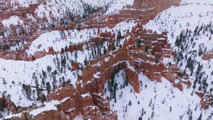 Snowscape Over Bryce Canyon National Park In Southern Utah, United States. Aerial Shot