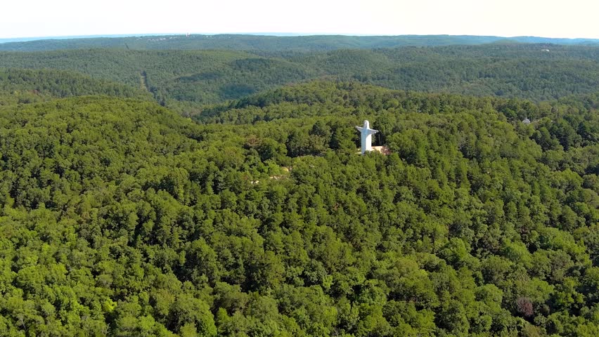 An aerial of the Christ of the Ozarks statue, near Eureka Springs, Arkansas, on the Magnetic Mountain