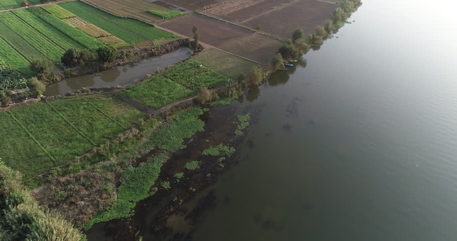 Aerial shot for The River Nile of Egypt in Cairo surrounded by the green agricultural lands of the Nile Valley beside Giza and Delta of North Egypt