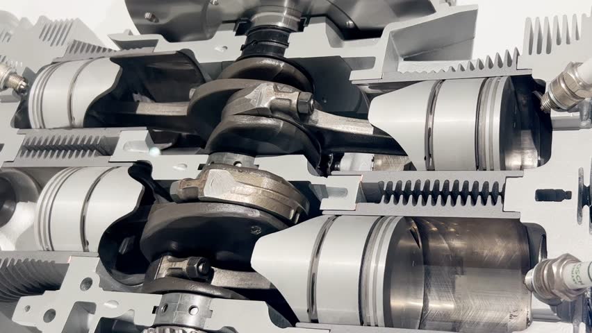 Slow motion, engine pistons, valve and crankshaft working, car engine inside, piston ignition time.