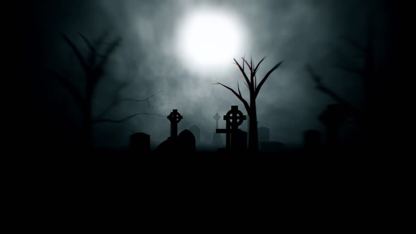 Scary Foggy Graves At Night Lightning Dark Halloween Cemetery   Video Background Loop Spooky Close Up Point of View POV  Royalty-Free Stock Footage #1109599743