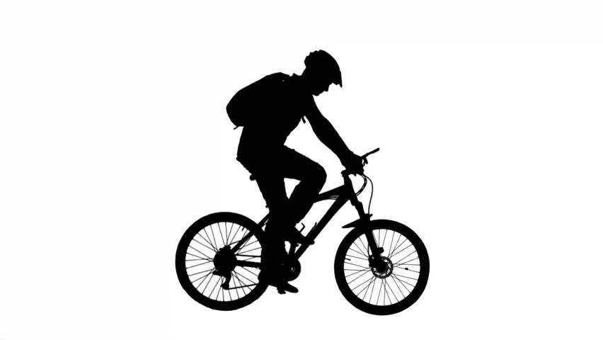 Black silhouette of man in helmet with backpack riding a sport bicycle and waving hand, isolated on white background alpha channel.