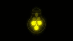 Turning light bulb animation, Switching on, Warm white light over dark black background, neon light display concept idea, power, electricity, energy, invention, creativity, imagination 