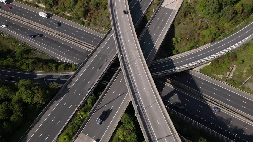 Aerial view of the junction of the M25 and M1 motorways. Royalty-Free Stock Footage #1109613099