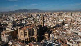 Aerial 4K video from drone to Malaga Cathedral and old town city Malaga at sunrise. Malaga,Costa del sol, Andalusia,Spain, (Series)