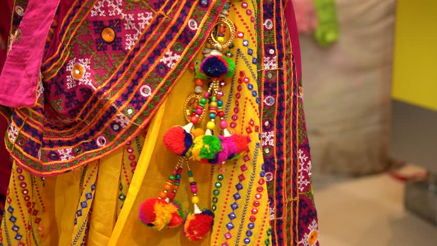 Traditional Indian outfit, Yellow Chainiya choli close up - Selective Focuse Royalty-Free Stock Footage #1109627867