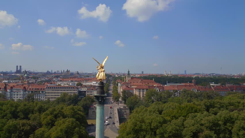 Perfect aerial top view flight drone Gold Angel of Peace column City town Munich