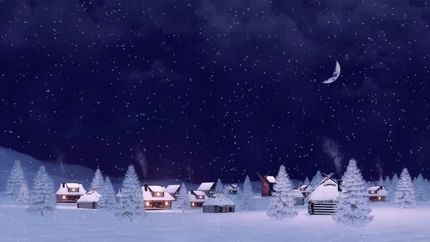Peaceful winter rural scene with cozy snow covered european village at snowfall under dark night sky with half moon. With no people 3D animation for Christmas or New Year background with copy space. - Powered by Shutterstock - Get 15% off with code: PIKWIZARD15