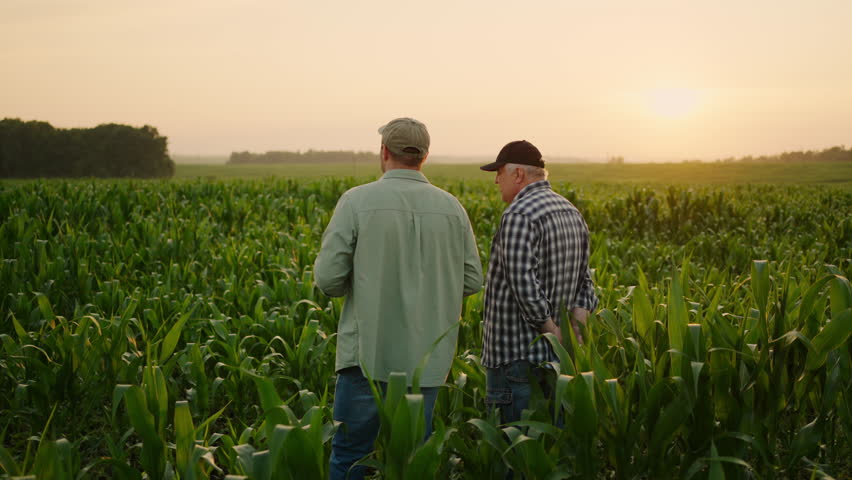 Agricultural Business, Father And Son Farmers Standing In Field And Discussing Plan Of Seeding Royalty-Free Stock Footage #1109632445