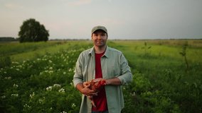 Portrait Of Middle-Aged Farmer With Hen In Hands In Field In Summer, Man Looking At Camera - Powered by Shutterstock - Get 15% off with code: PIKWIZARD15