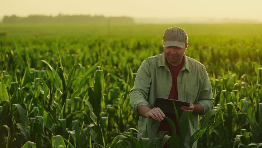 Male Farmworker Examining Corn Plants In Field In Summer, Portrait Of Man Making Notes In Tablet Royalty-Free Stock Footage #1109632459