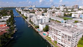 Miami Beach condominiums along the water. Aerial drone video Bay Harbor Islands circa 2023