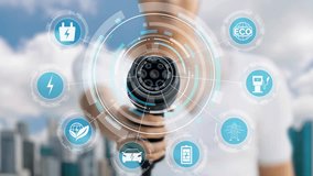 Focus EV charger pointing in front of camera display eco awareness icon pictogram hologram with blur cityscape and time lapse cloud background. EV car charger using alternative energy. Peruse - Powered by Shutterstock - Get 15% off with code: PIKWIZARD15